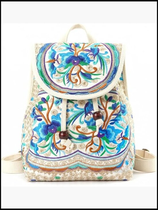 Embroidered Floral Boho Mini Backpack Lightweight Canvas Daypack Casual Travel